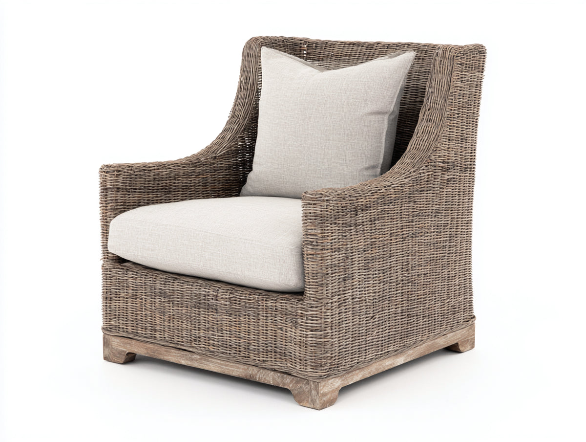 Fauteuil de jardin-Rotin tressé-Tissu-Bois-87x81x109 cm-Taupe-Écru-Style haut dossier élégant