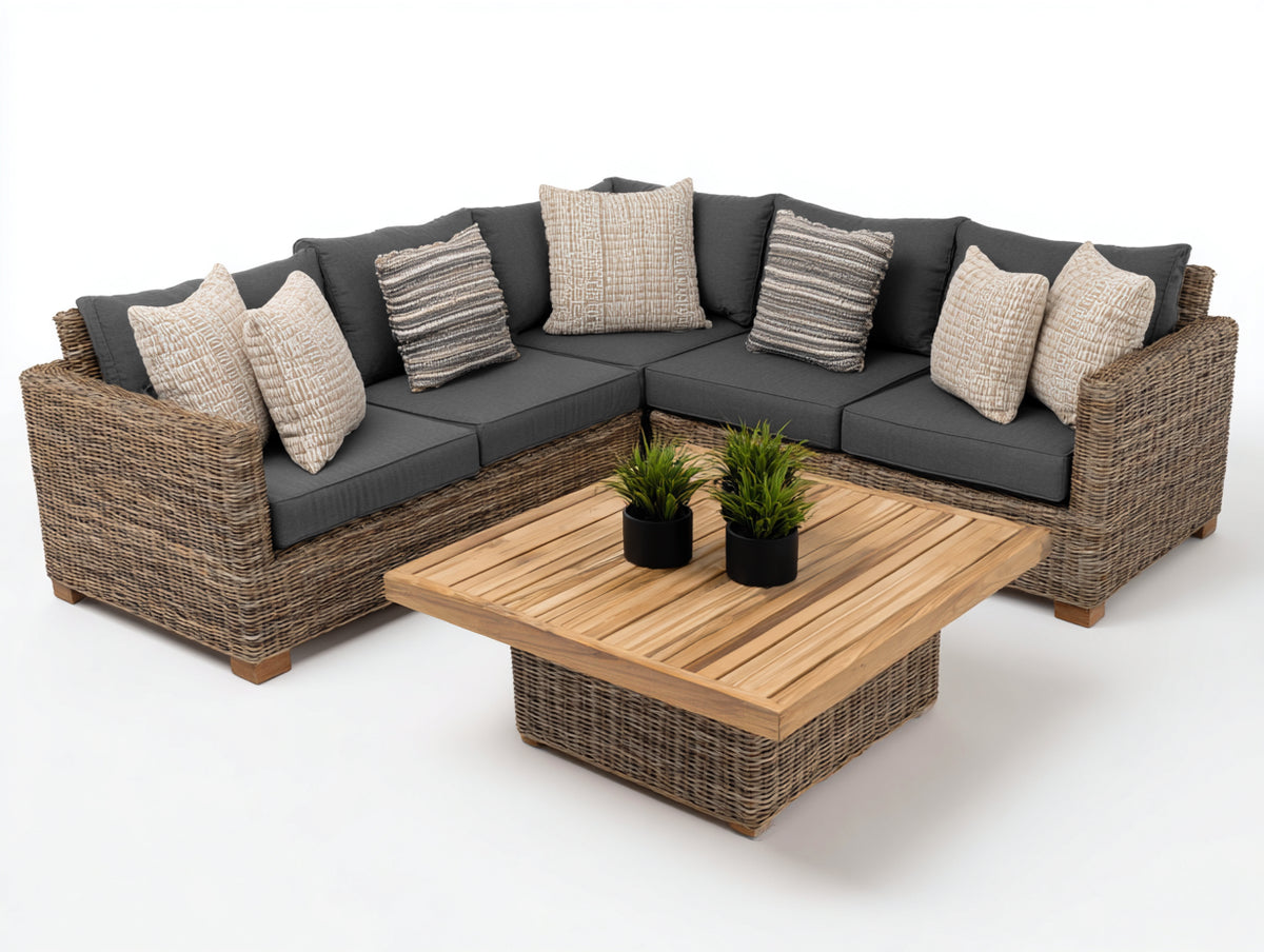 Canapé de jardin - Résine tressée-Tissu-Bois - 255 x 255 x 76 cm - Brun naturel-Anthracite-Beige - Style naturel