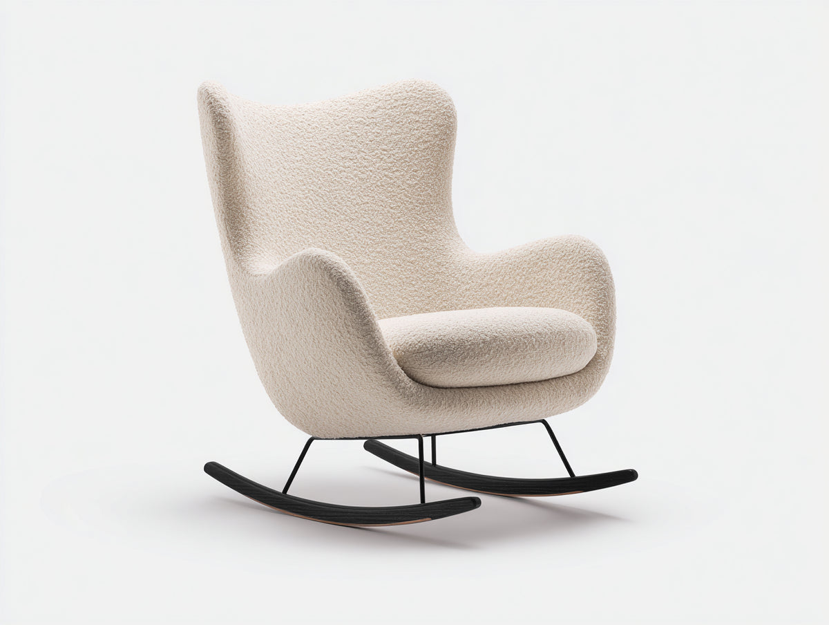 Fauteuil à bascule - tissu bouclette-métal-bois - 84x75x98 cm - ivoire-noir-ébène - style rétro moderne