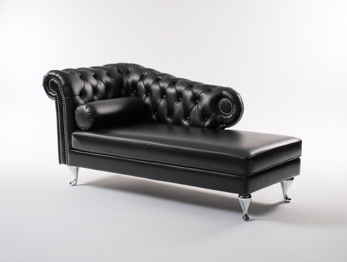 Chaise longue - Similicuir-Métal - 183 x 80 x 92 cm - Noir - Style Chesterfield contemporain