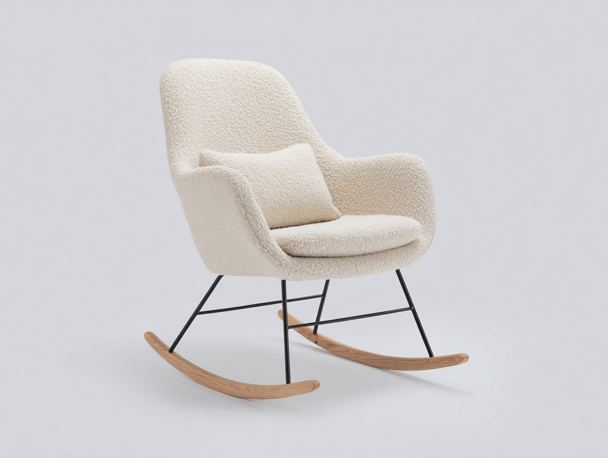 Fauteuil à bascule - tissu bouclette-métal-bois - 83x74x92 cm - crème-noir-bois naturel - style scandinave