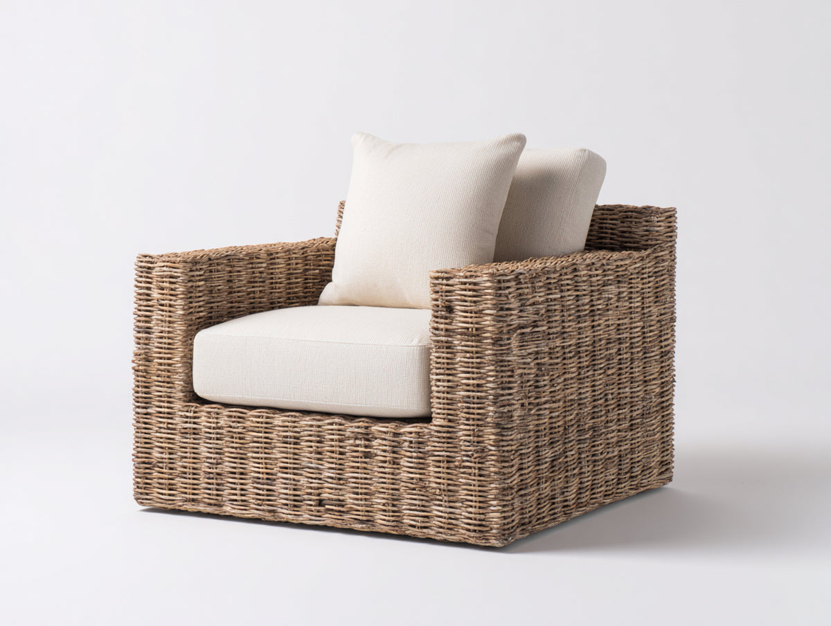 Fauteuil de jardin-Rotin tressé-Tissu-91x85x80 cm-Brun grisé-Crème-Style naturel contemporain