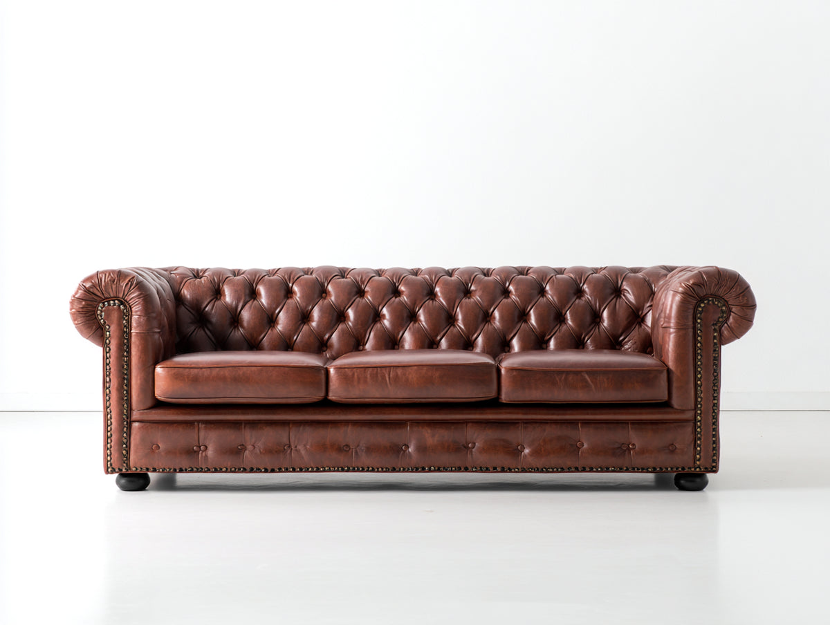 Canapé 3 places - Cuir - 218 x 94 x 77 cm - Marron acajou - Style Chesterfield classique
