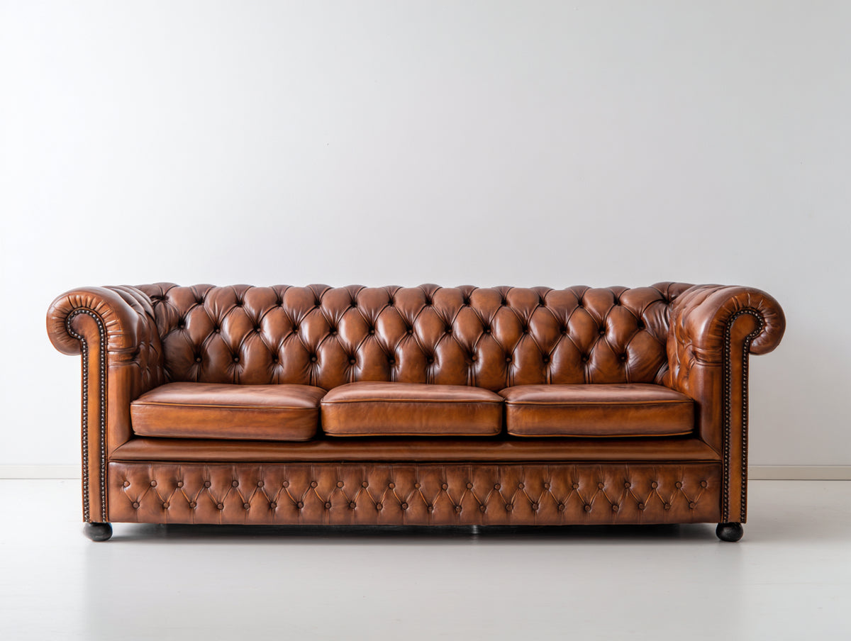 Canapé 3 places - Cuir - 224 x 97 x 79 cm - Marron cognac - Style Chesterfield traditionnel