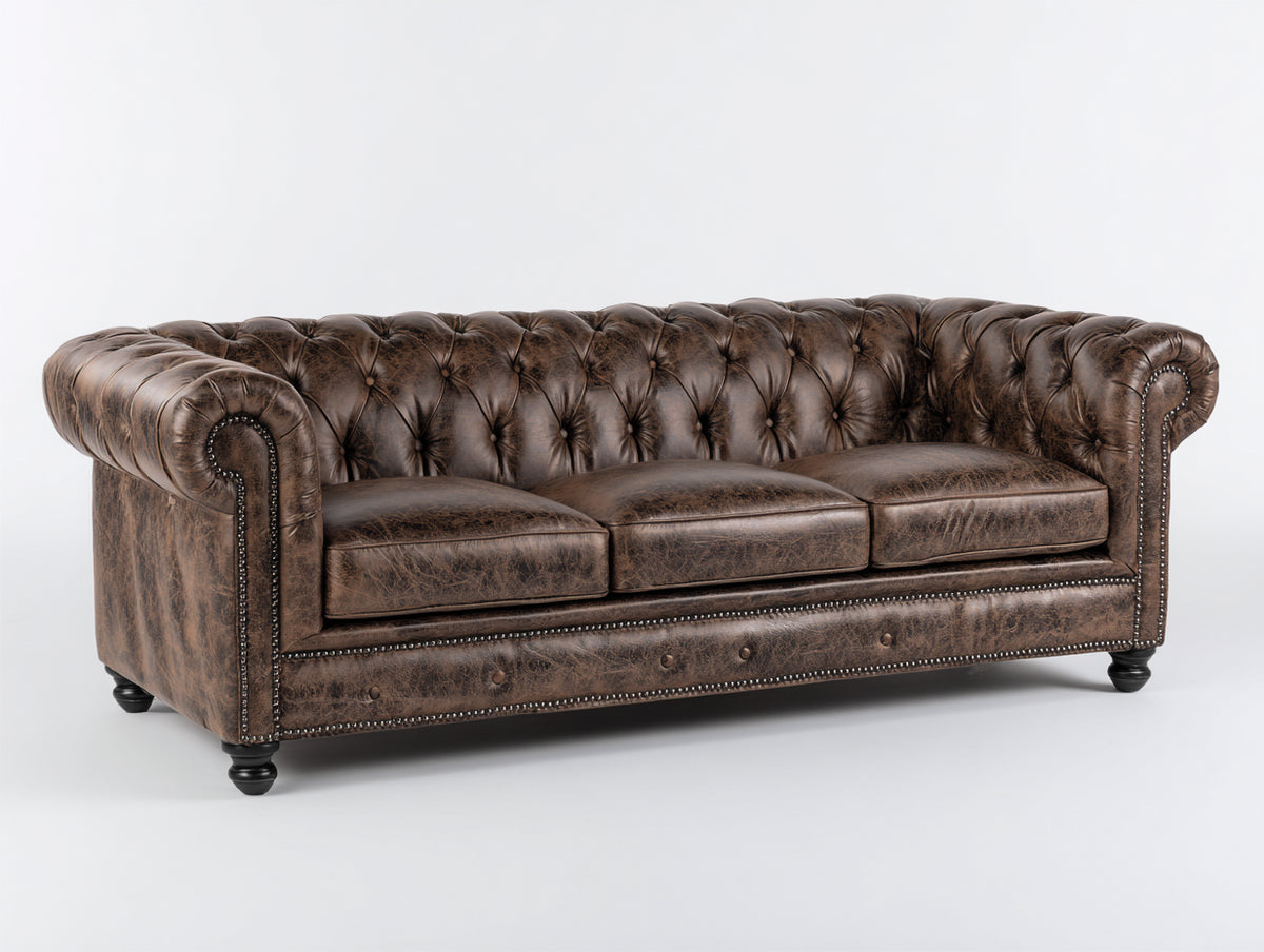 Canapé 3 places - Cuir - 226 x 99 x 80 cm - Marron vieilli - Style Chesterfield industriel