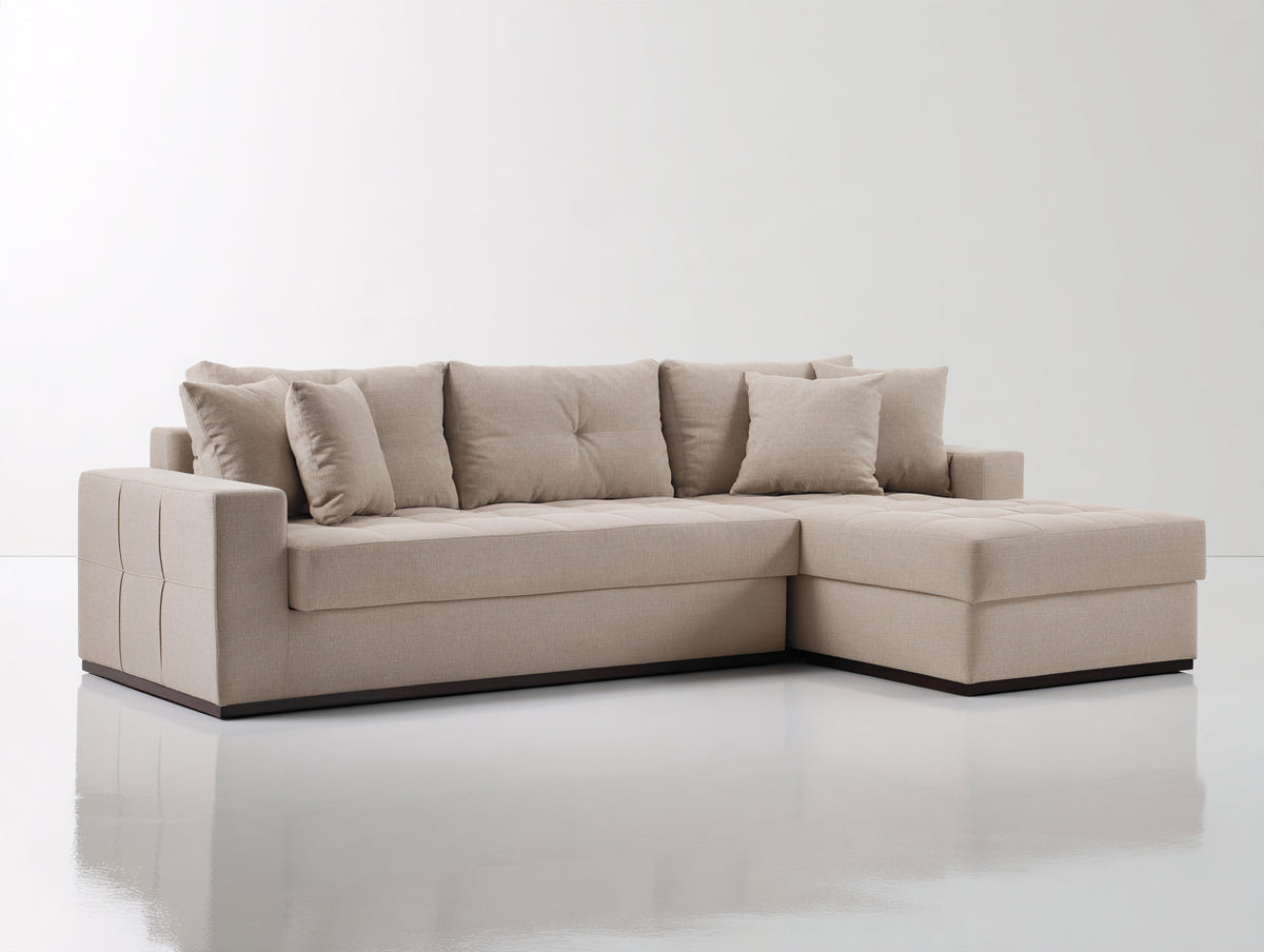 Canapé d'angle - Tissu - 276 x 168 x 88 cm - Beige - Style contemporain avec méridienne capitonnée