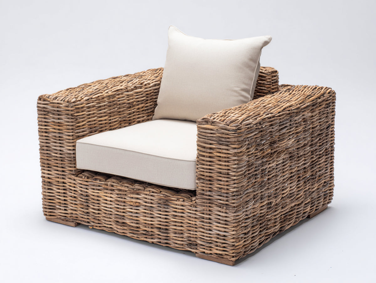 Fauteuil de jardin-Rotin tressé-Tissu-94x88x81 cm-Beige naturel-Crème-Style rustique moderne