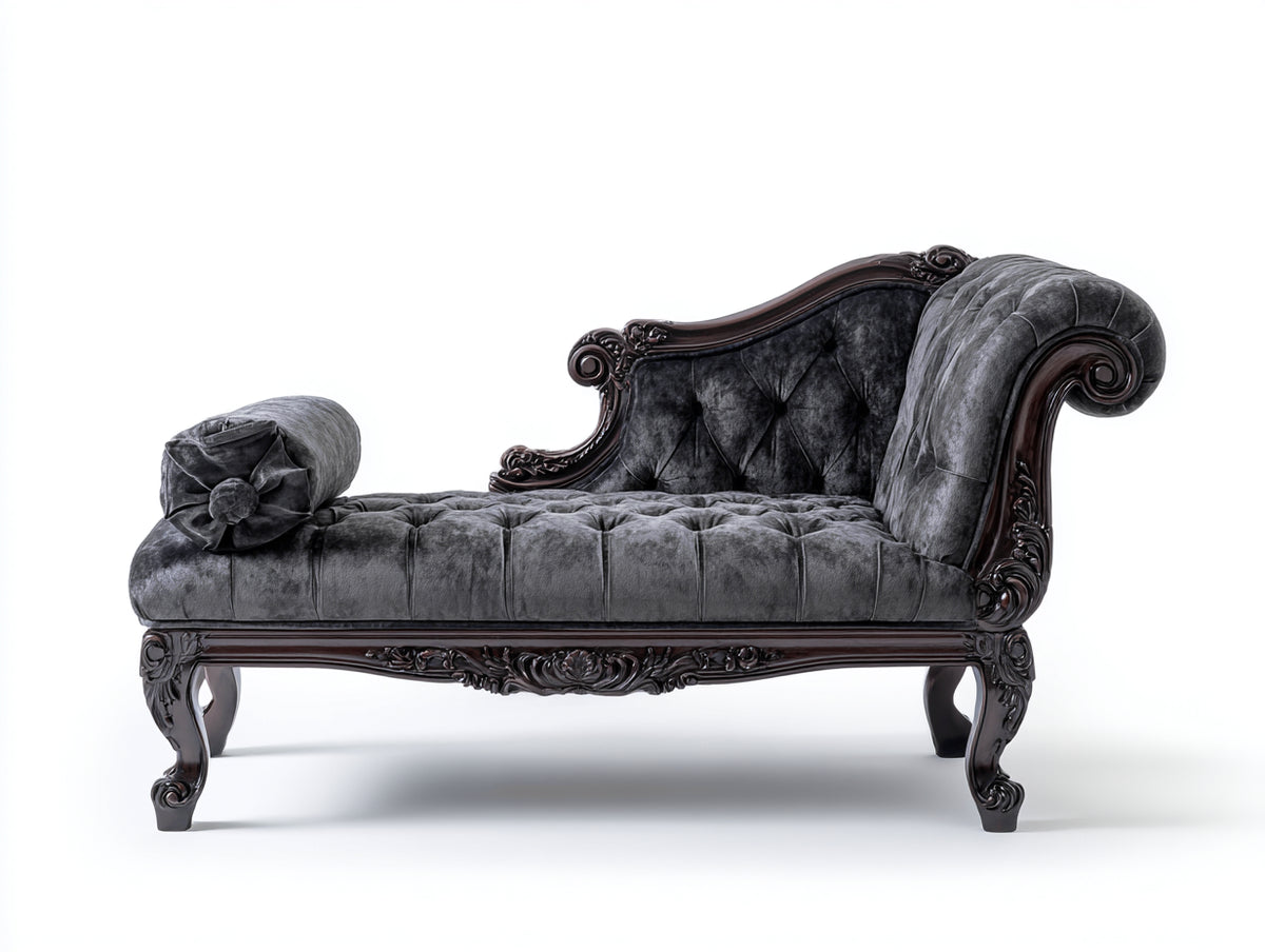 Chaise longue - Velours-Bois - 172 x 76 x 99 cm - Gris graphite - Style rococo