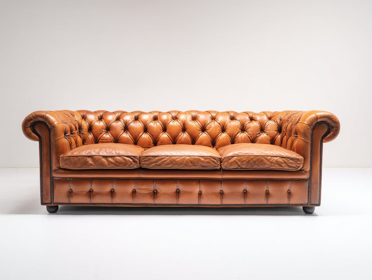Canapé 3 places - Cuir - 220 x 96 x 78 cm - Cognac clair - Style Chesterfield vintage