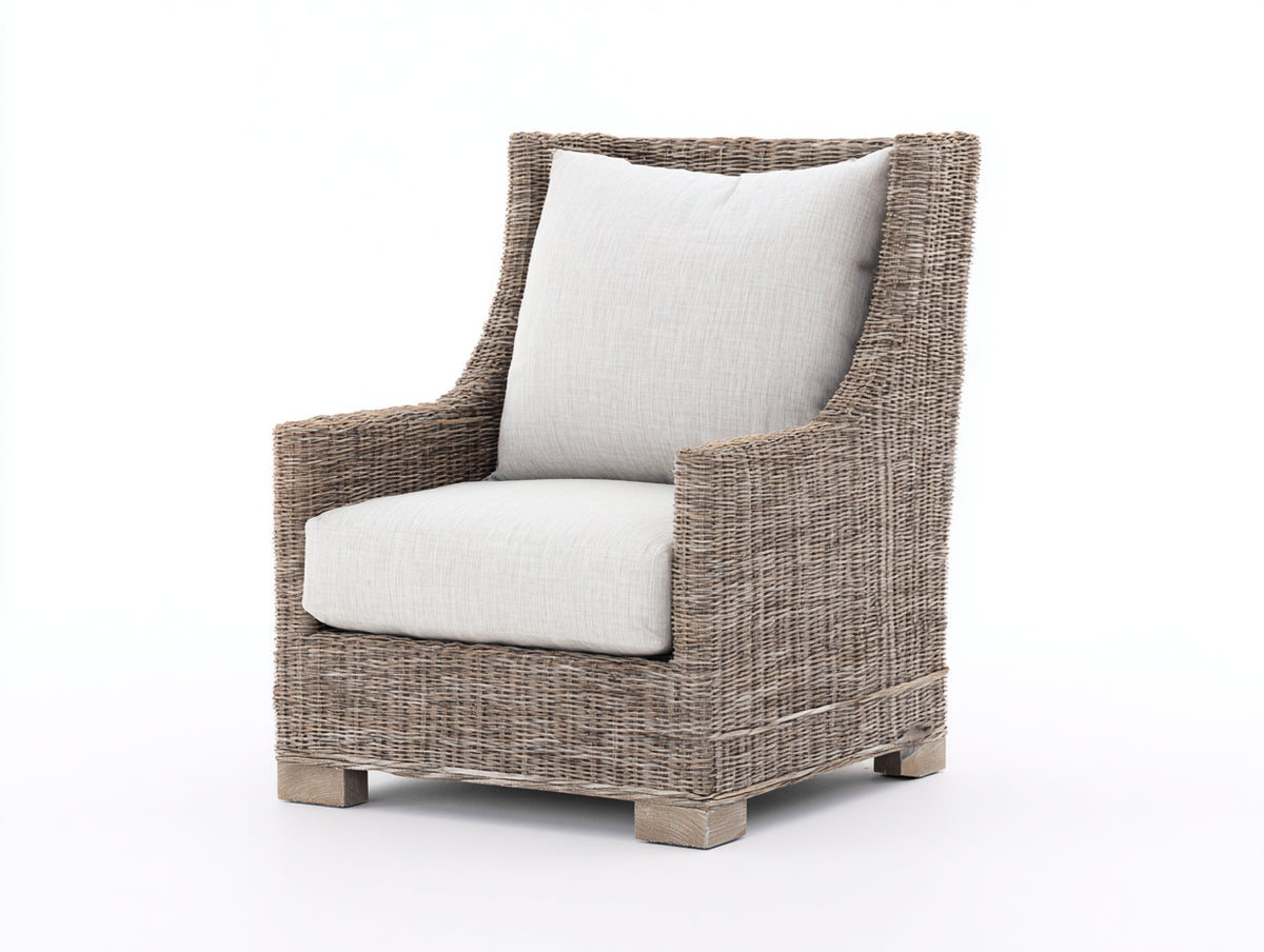 Fauteuil de jardin-Rotin tressé-Tissu-Bois-85x79x106 cm-Gris taupe-Écru-Style classique enveloppant