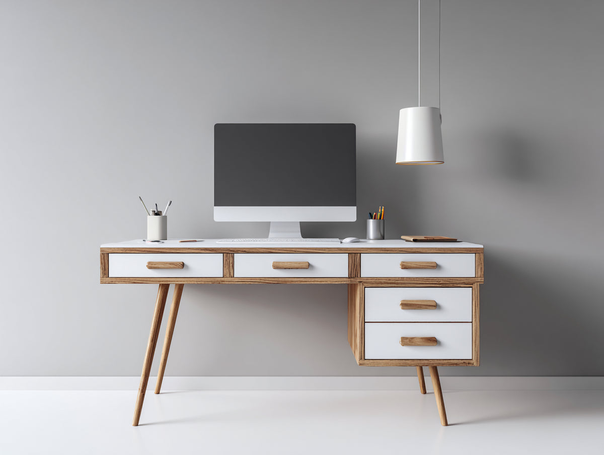 Bureau - Bois - 150x60x76 cm - Blanc-Bois naturel - Style rétro
