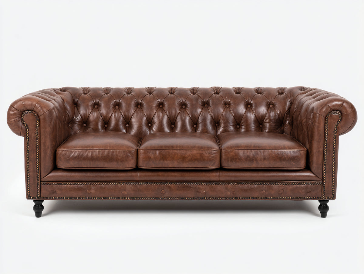 Canapé 3 places - Cuir - 223 x 97 x 79 cm - Marron noyer - Style Chesterfield classique