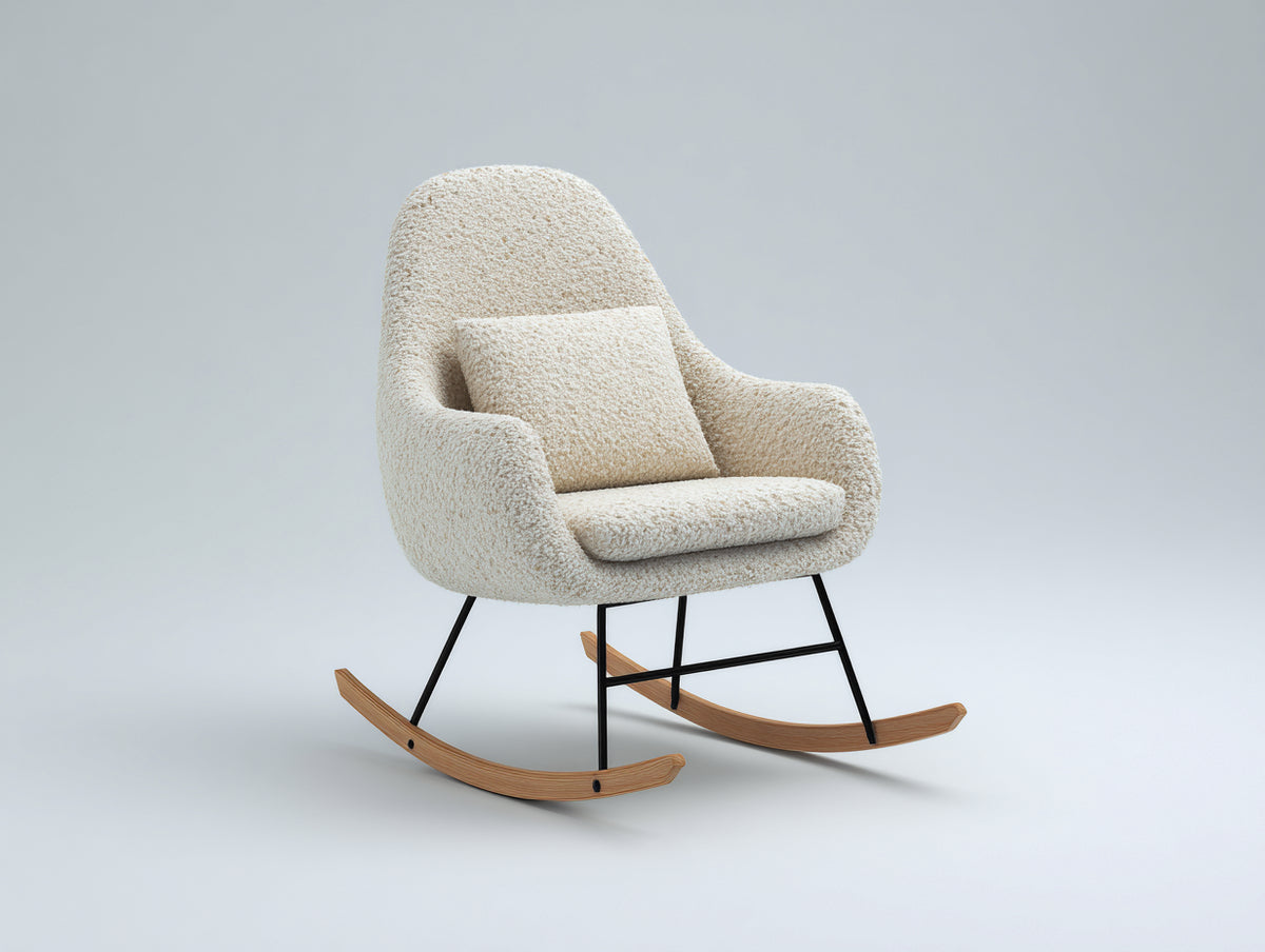 Fauteuil à bascule - tissu bouclette-métal-bois - 82x74x94 cm - crème-noir-bois naturel - style scandinave