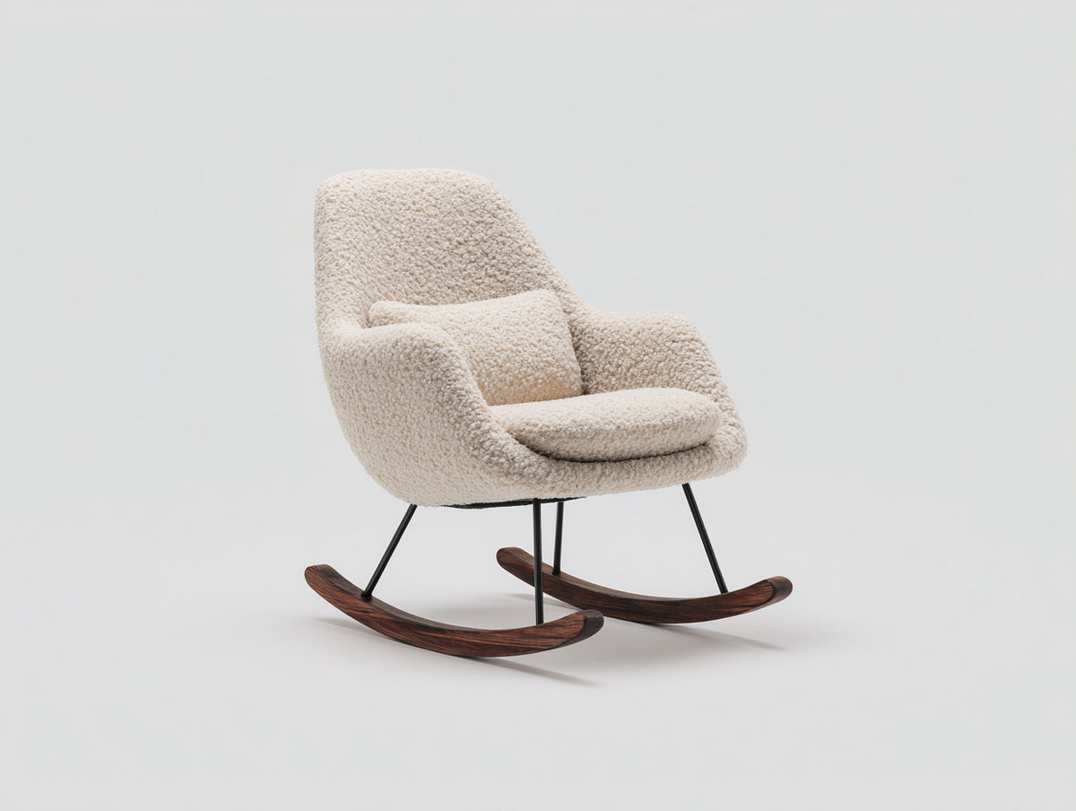 Fauteuil à bascule - tissu bouclette-métal-bois - 80x73x87 cm - beige clair-noir-noyer foncé - style contemporain