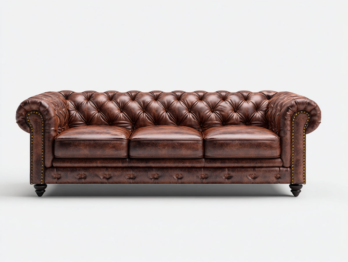 Canapé 3 places-cuir-250x102x84 cm-marron-style Chesterfield